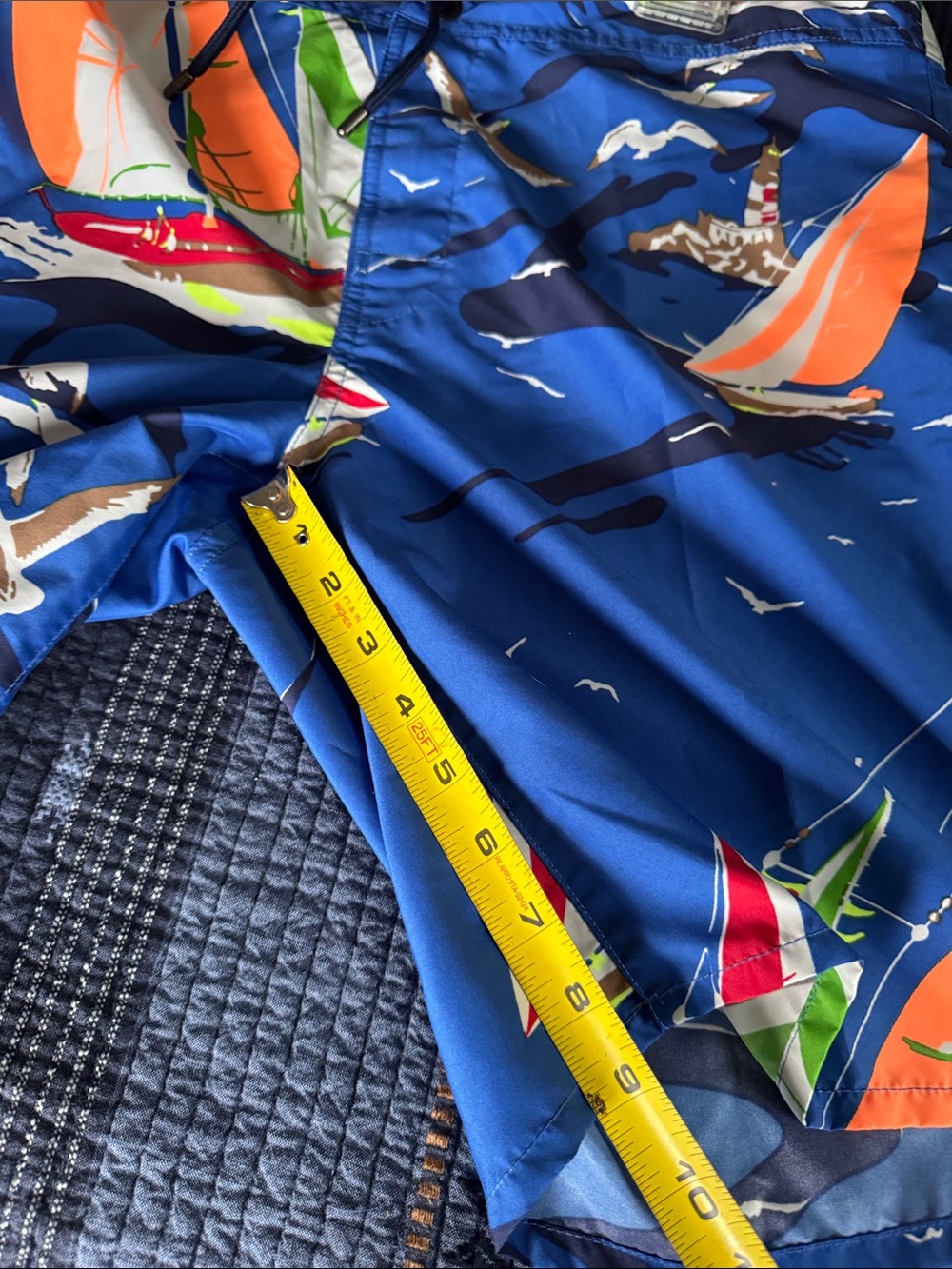 Ralph Lauren RLX Sailboat-Print Swim Board Shorts with Orange & Green Accents - Picture 12 of 15